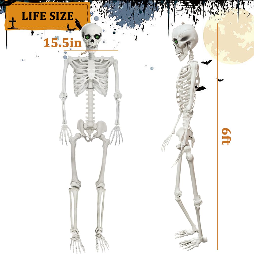 6Ft Halloween Skeleton, Posable Life Size Skeleton with Glowing Eyes Creepy Sound, Plastic Skeletons with Movable Joints for Graveyard Prop, Indoor Outdoor Haunted House Party Decor