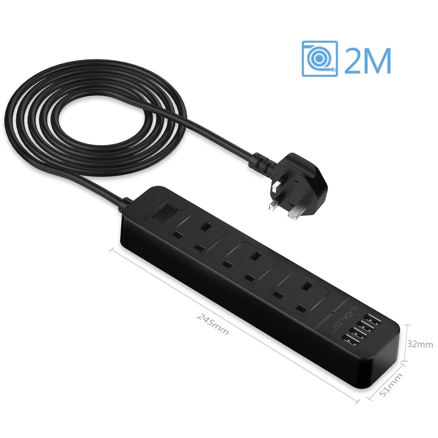 JSVER Extension Lead with 4 USB Ports Desktop Power Strip Smart Charging Station 3 Outlets USB Power Socket for Home Travel, Black