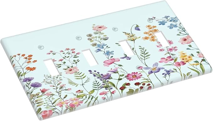 Rustic Wild Floral Vintage Blue Watercolor Flower Quad Toggle Light Switch Covers Decorative Unique 4 Gang Wall Plate Electrical Faceplate Switchplate for Bedroom Bathroom Decor