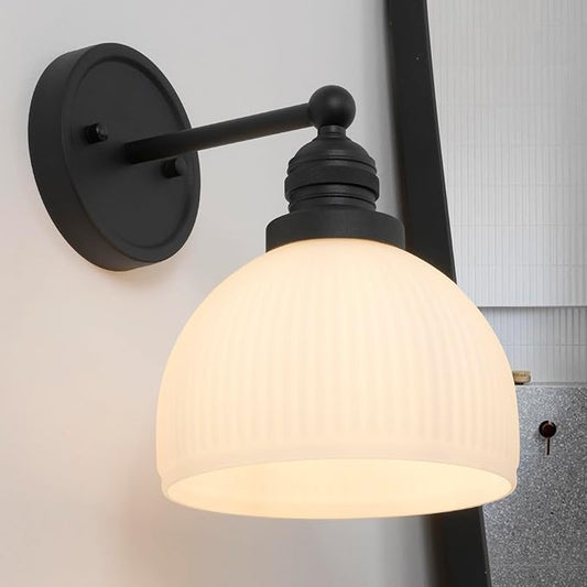 Black Wall Sconce Vintage Bathroom Sconce Light with Frosted Milk Glass Farmhouse Bathroom Vanity Light for Living Room Bedroom Hallway Stairway E26 Hardwire Indoor