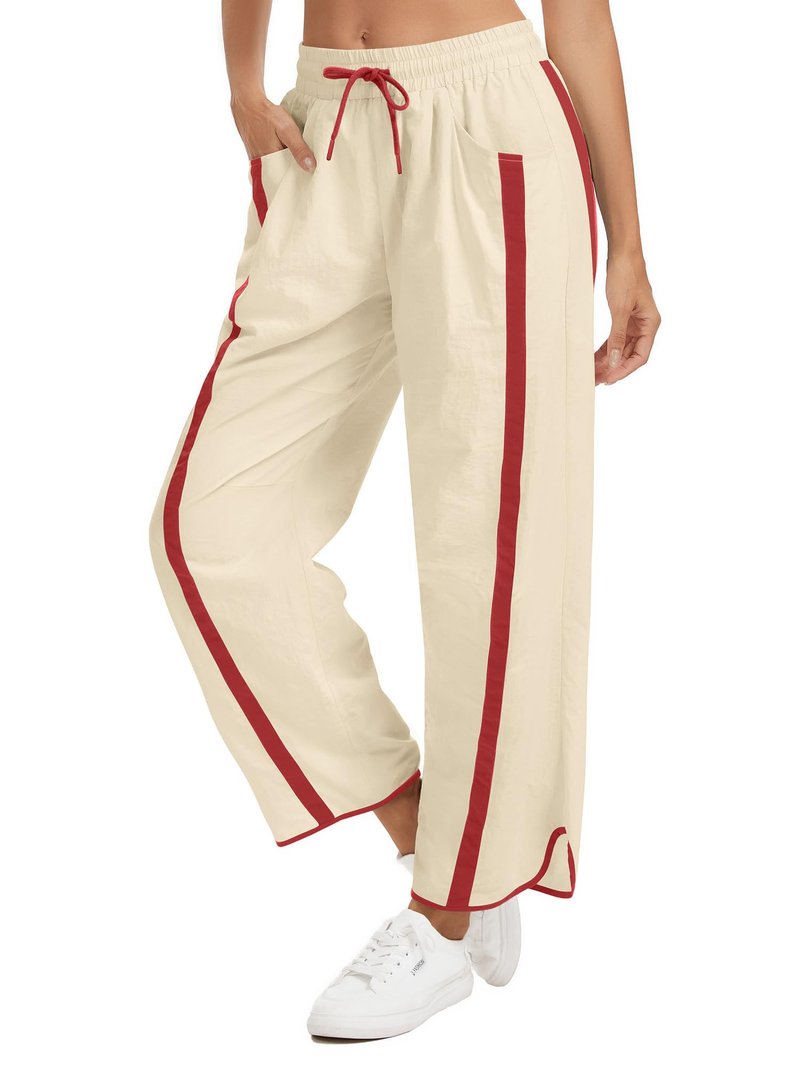 TWQTWQ Women's Wide Leg Track Pants Baggy Drawstring High Rise Side Striped Casual Lightweight Parachute Pants with Pockets(Red,Medium)