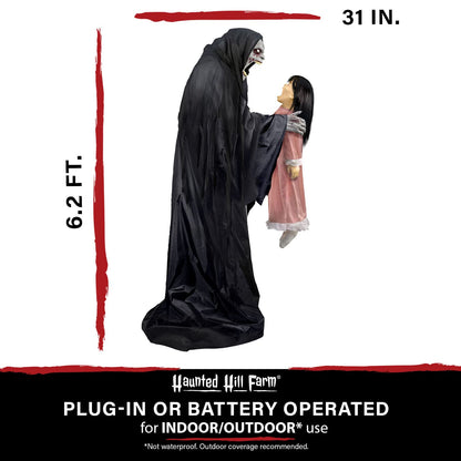 Haunted Hill Farm Soul Sucker Demon Reaper with Child by Tekky, Motion-Activated Talking Halloween Animatronic for Creepy Indoor or Covered Outdoor Halloween Decorations, Plug-in or Battery Operated