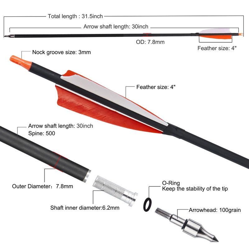 TOPARCHERY Premium 30" Carbon Hunting Arrows with Selected 4" Real Turkey Feathers Fletching and Removable Tips - 500 Spine Practice Target Arrows for Compound & Recurve Bow - 12Pcs