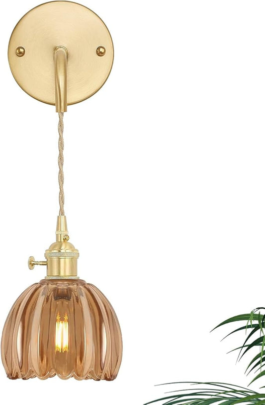 Vintage Wall Sconce Wall Lamp Amber Tulip Shade Pattern Glass Adjustable Chain Retro Gold Wall Mounted Light, Wall Lamp Fixtures Decor for Bedside Bedroom Indoor Doorway