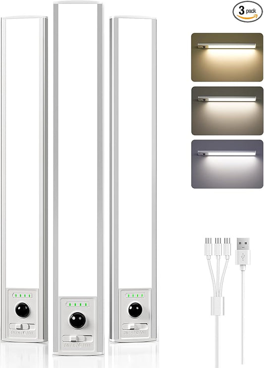 EZVALO 12inch Under Cabinet Lighting Wireless with Battery Indicator, 2500mAh Rechargeable Motion Sensor Light Indoor, 96 LED Under Counter Lights for Kitchen Closet, 3 Color Temps, Dimmable, 3 Pack