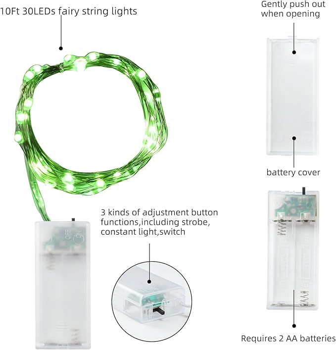 Mandiq 4 Pack Fairy Lights Battery Operated, String Lights 10ft 30 LEDs, Flashing and Constant Light Mode, Silver Wire Mini Lights for Festival, Christmas Decoration, Green