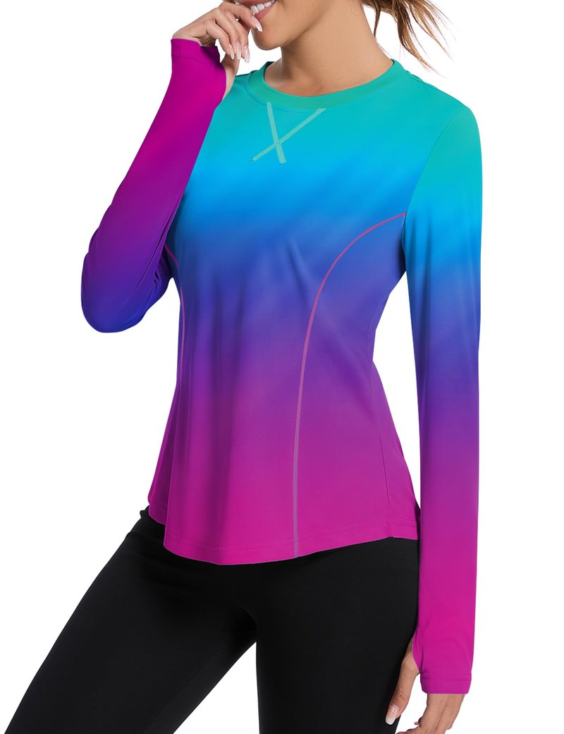 Avoogue Womens Rashguard Long Sleeve with Thumb Holes Moisture Wicking UV Protection Shirts Workout Hiking Tops(Gradient Rainbow,M)