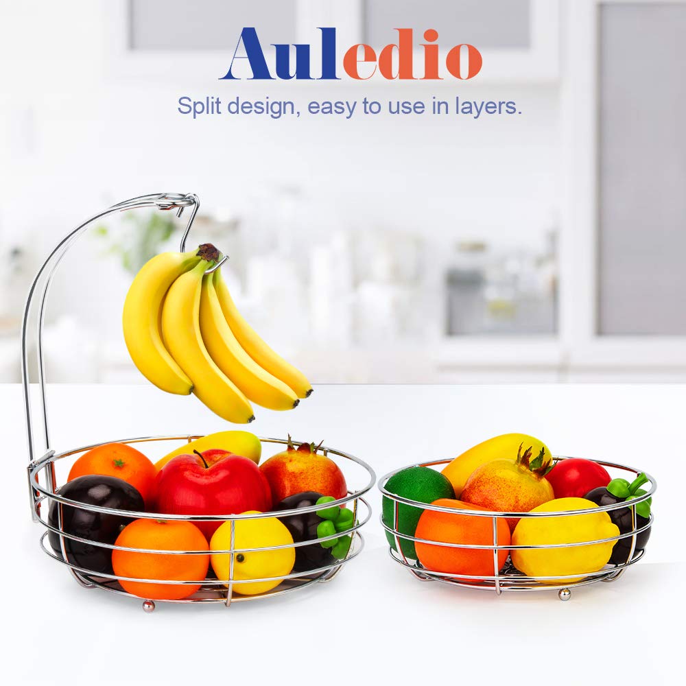 Auledio Iron 2-Tier Countertop Fruit Vegetables Basket Bowl Storage With Banana Hanger, Black, 64 ounces