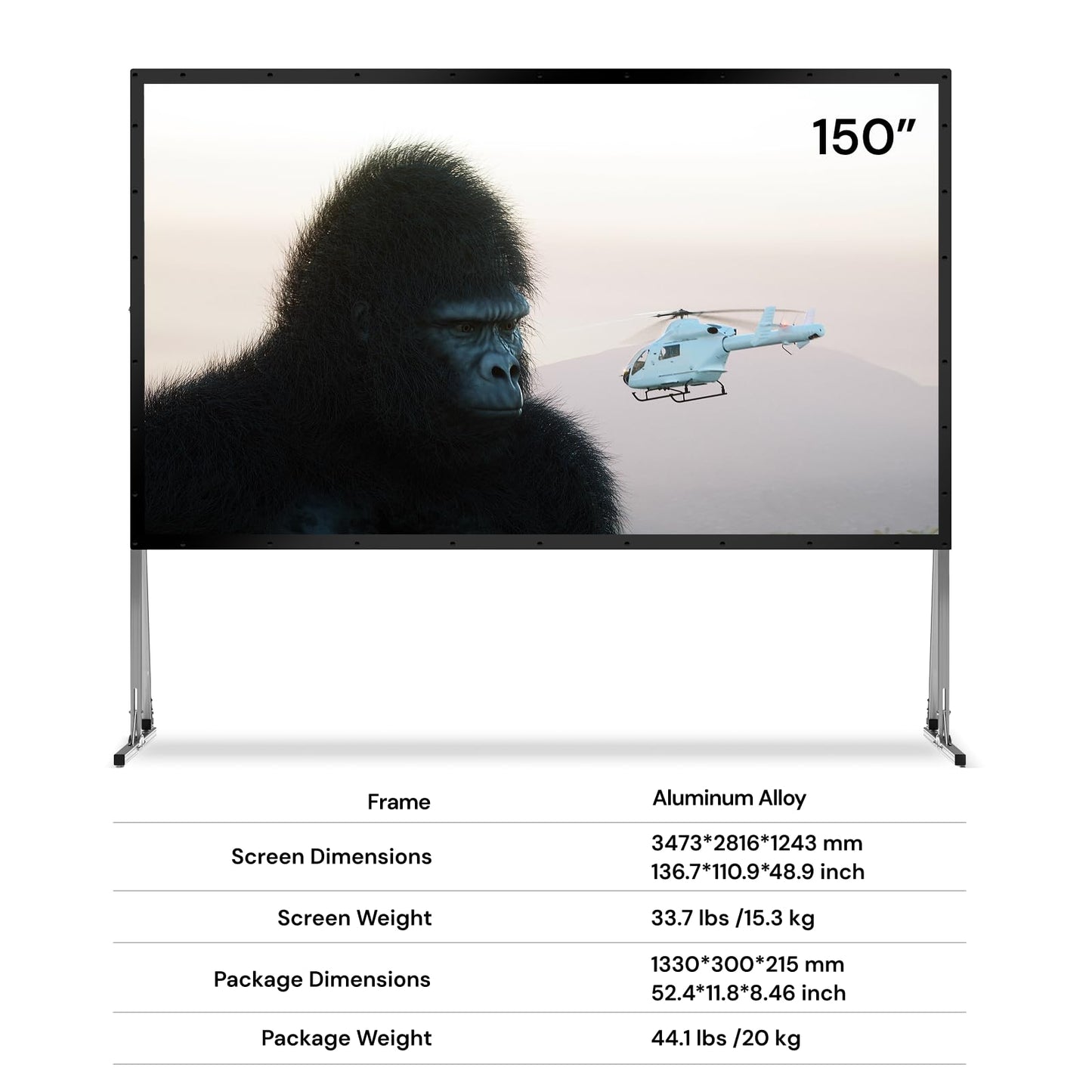 AWOL VISION Folding Outdoor Projector Screen with Stand (150 inches), Portable 16:9 4K HD Rear Front Movie Screen with Carry Bag for Theater Backyard Movie Night,Cinema School