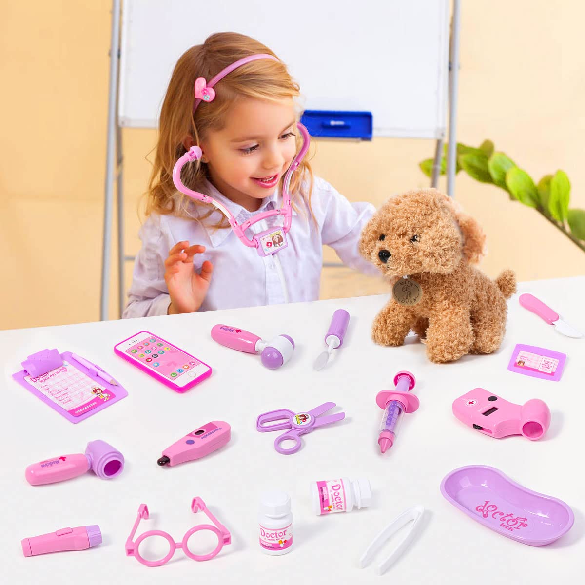 MELAND Doctors Set for Kids - Children Pet Vet Care Play Set with Doctor Costume, Plush Dog, Pretend Role Play Girls Toys for 3 4 5 6 Year Old Toddlers Birthday Presents