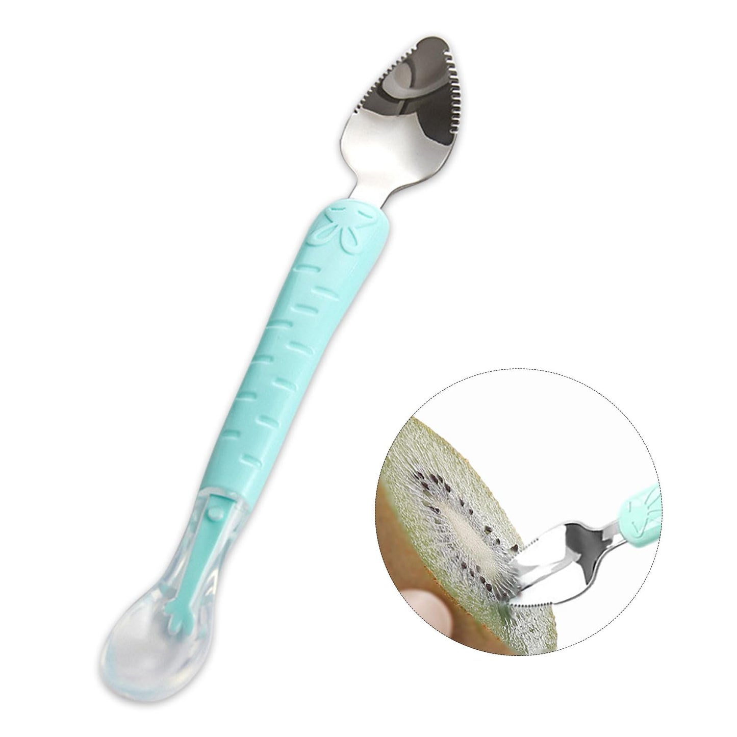 Double Head Baby Silicone Food Spoon (Green) - Fruit Scraping Mud Spoon, Feeding and Training Utensil for Infants, Baby Led Weaning Supplies