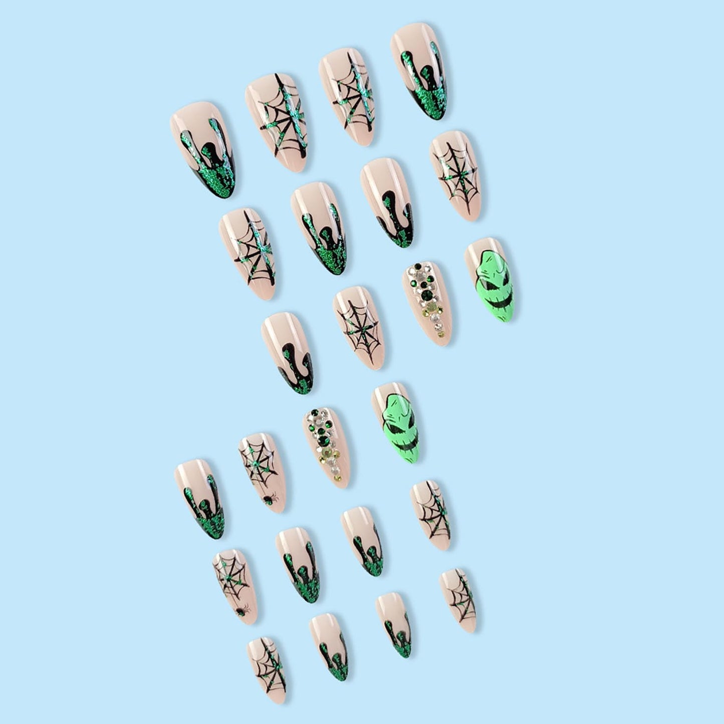 Halloween Press on Nails Medium Almond Fake Nails Nude Full Cover Green Spider Web Nightmare Christmas Nails Rhinestones False Nails with Designs Acrylic Artificial Nails for Women Girls 24Pcs