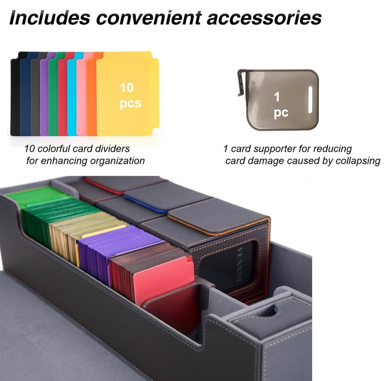 Venssu MTG Deck Box Holds 5 Display Card Deck Boxes with Playmat and Dice Box,Includes 10 colorful dividers and 1 card supporter, Trading Card Storage Box For Magic Game Cards (Black and Grey)