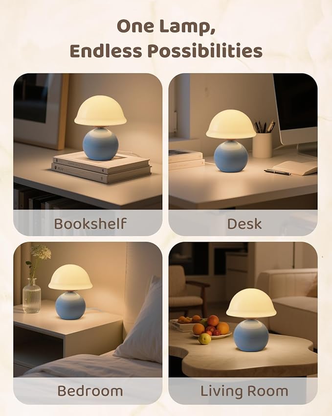 Mushroom Lamp Bedside Table Lamp for Bedroom, Cute Small Lamps with Glass Lampshade, Nightstand Lamp with Dimmer for Living Room Kitchen Apartments Offices Desk Shelves (Blue)
