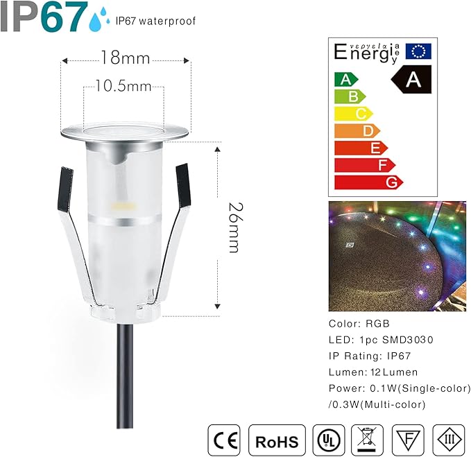 LED Deck Lights Multi-Color RGB Waterproof Recessed Wood Decking 0.7" Tiny Deck Driveway Light Dock Path Step Road Light Outdoor and Indoor Decoration Security Lighting (RGB, 30pcs)