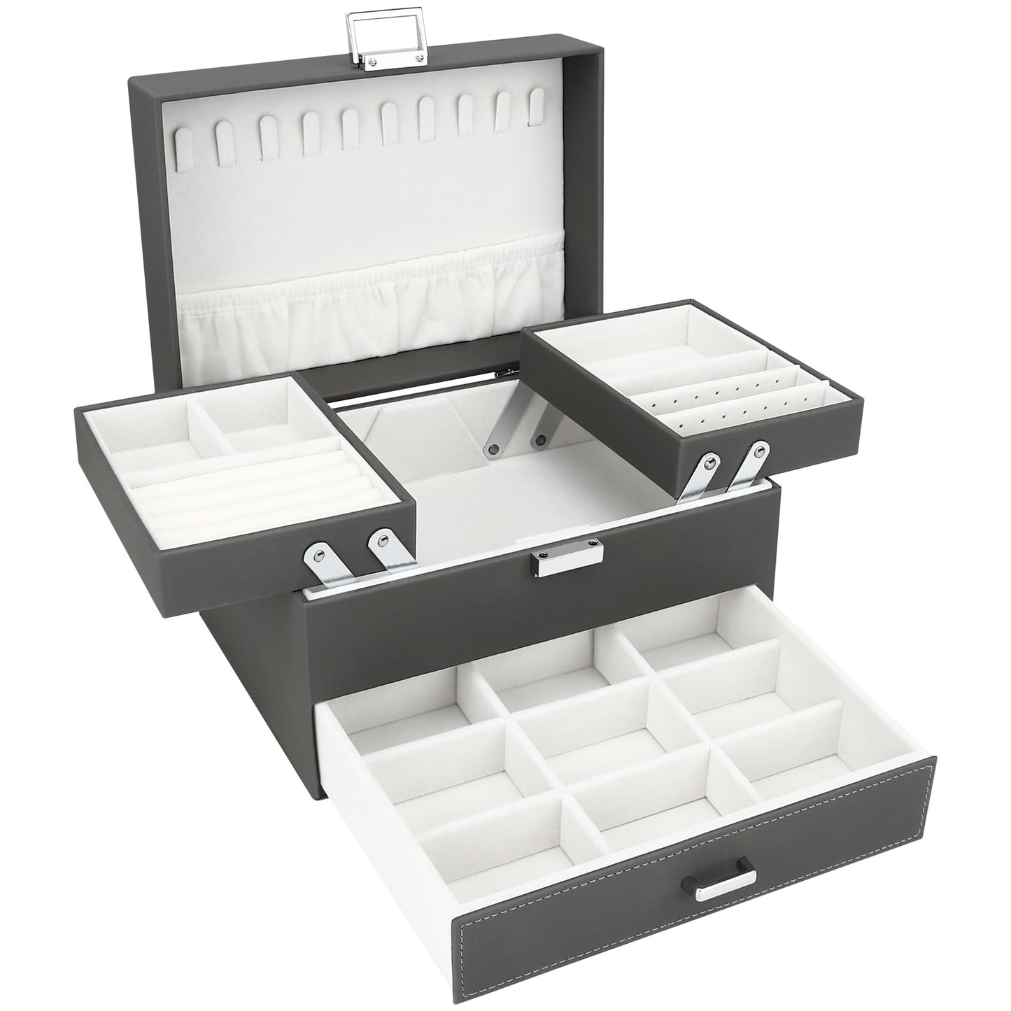 Jewellery Box Organiser, 3 Layer PU Leather Jewellery Case, Large Jewellery Organiser with Drawer, Jewellery Storage Case for Necklaces Earrings Bracelets and Rings, Grey
