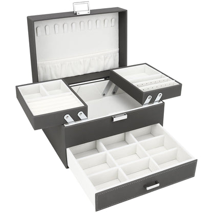 Jewellery Box Organiser, 3 Layer PU Leather Jewellery Case, Large Jewellery Organiser with Drawer, Jewellery Storage Case for Necklaces Earrings Bracelets and Rings, Grey