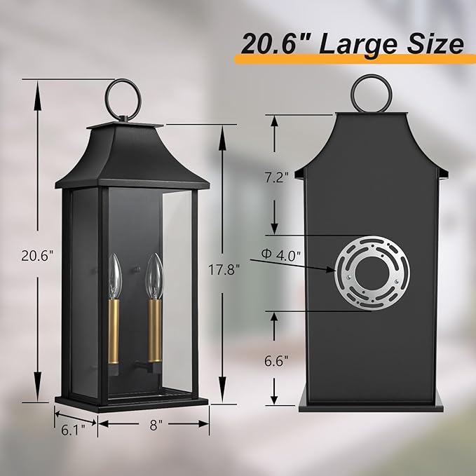 Dusk to Dawn Outdoor Wall Lantern 2-Light, 20.6" Large Outside Wall Sconce, Modern Black Wall Light Fixture with Glass, Waterproof Exterior Lamp for House, Porch, Garage