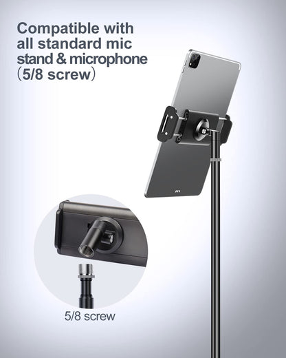 elitehood Aluminum iPad Holder for Mic Stand, Side Mount iPad Music Stand Holder for Microphone, 360° Swivel Tilt Adjustable Mic Tablet Mount for 4-13in iPhone, Cell Phones and Tablets