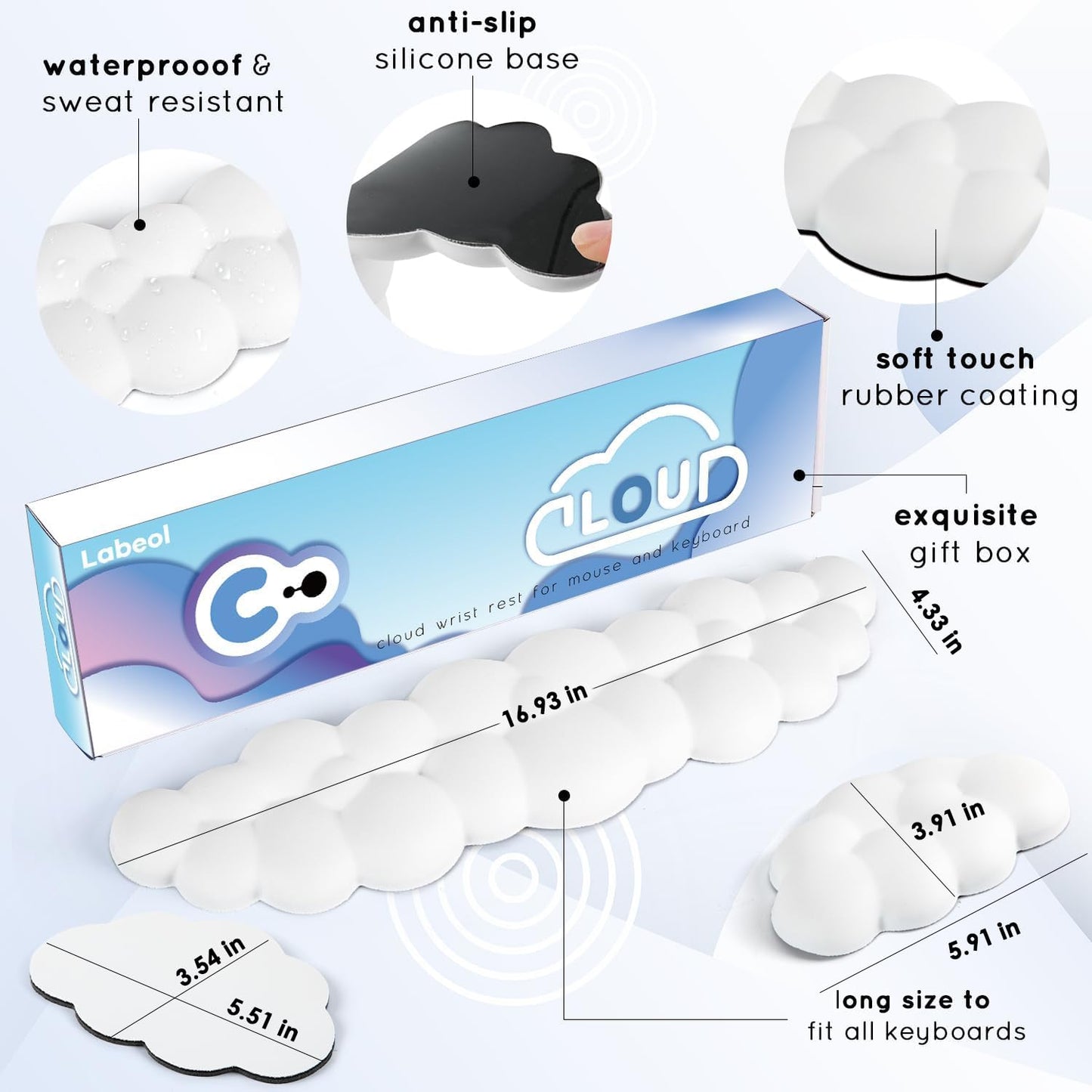 Cloud Wrist Rest for Computer Keyboard Arm Wrist Rest with Non-Slip Base Extended Rest Ergonomic Memory Foam for Keyboard and Mouse Typing Pain Relief, Office, Gaming, Computer