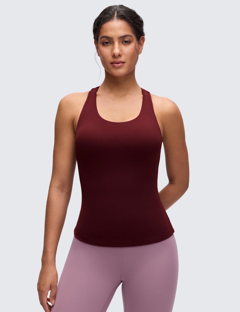 CRZ YOGA Butterluxe Workout Racerback Tank Tops for Women - Padded Athletic Spandex Yoga Shirts with Built in Bra Red Merlot Small