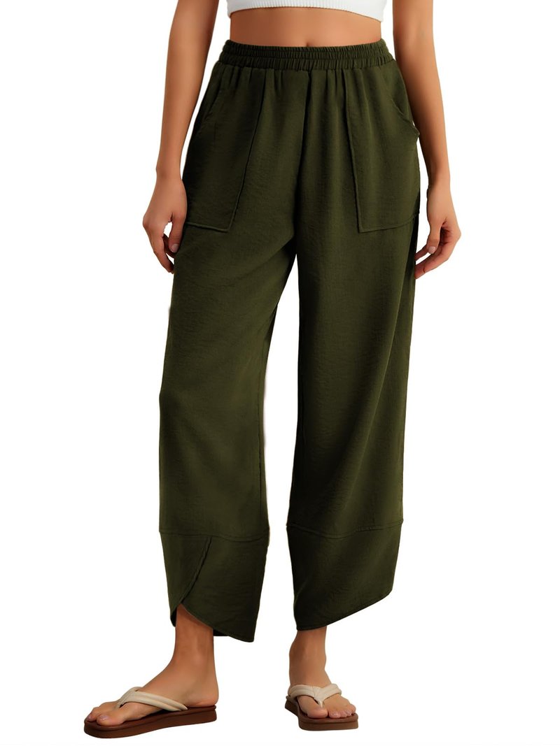 Feiersi Womens Baggy Wide Leg Pants Elastic Waisted Casual Palazzo Harem Pants Summer Beach Trousers(Army Green,Large)