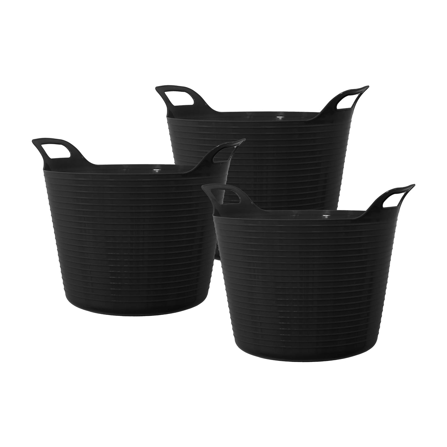 42L 42 Litre Large Eco-Friendly Recycled Flexi Tub - Black - Multi Purpose Robust Flexible Storage Container Bucket, Set of 3.