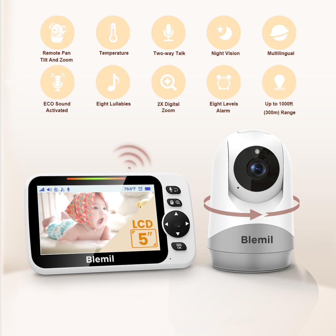 Blemil 5" Split-Screen Baby Monitor with 30-Hour Battery, Large Video Baby Monitor with Camera and Night Vision, Remote Pan/Tilt/Zoom Camera, Two-Way Talk, Lullabies, No WiFi,Up to 1000ft