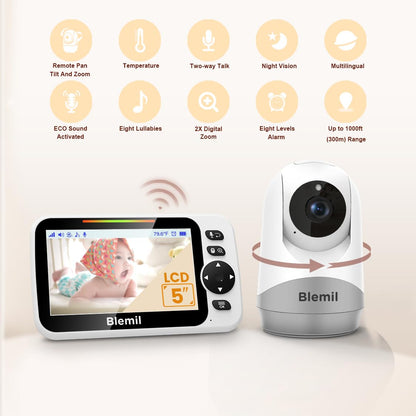 Blemil 5" Split-Screen Baby Monitor with 30-Hour Battery, Large Video Baby Monitor with Camera and Night Vision, Remote Pan/Tilt/Zoom Camera, Two-Way Talk, Lullabies, No WiFi,Up to 1000ft