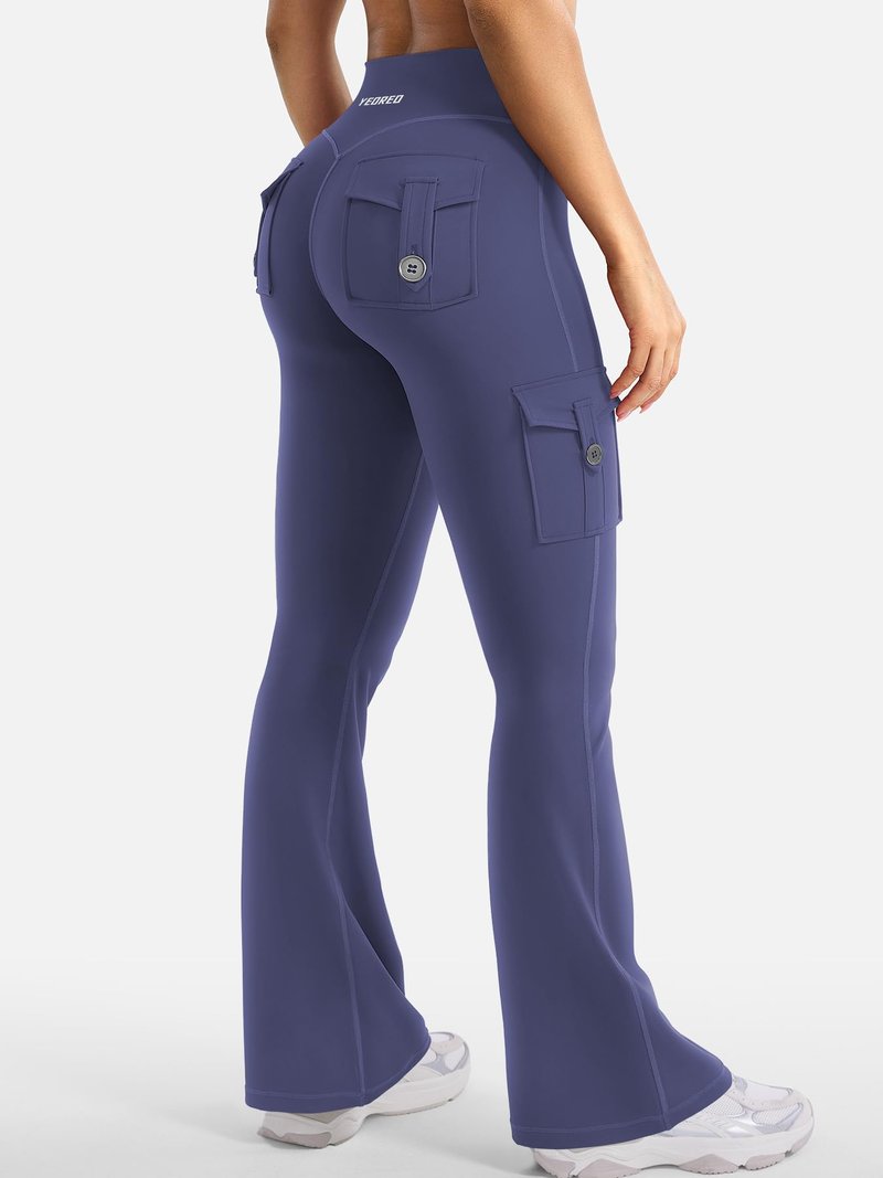 YEOREO CoreFlex Women Workout Flare Leggings with Pockets Hidden Scrunch High Waisted Cargo Gym Yoga No Front Seam Leggings Dark Blue XL