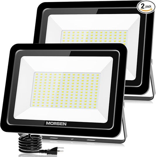 MORSEN 200W Flood Light Outdoor Plug in - 20000LM 5000K LED Flood Light, IP66 Waterproof, UL Listed Daylight Security Lights for Garden, Yard, Garage, Stadium, 2 Pack