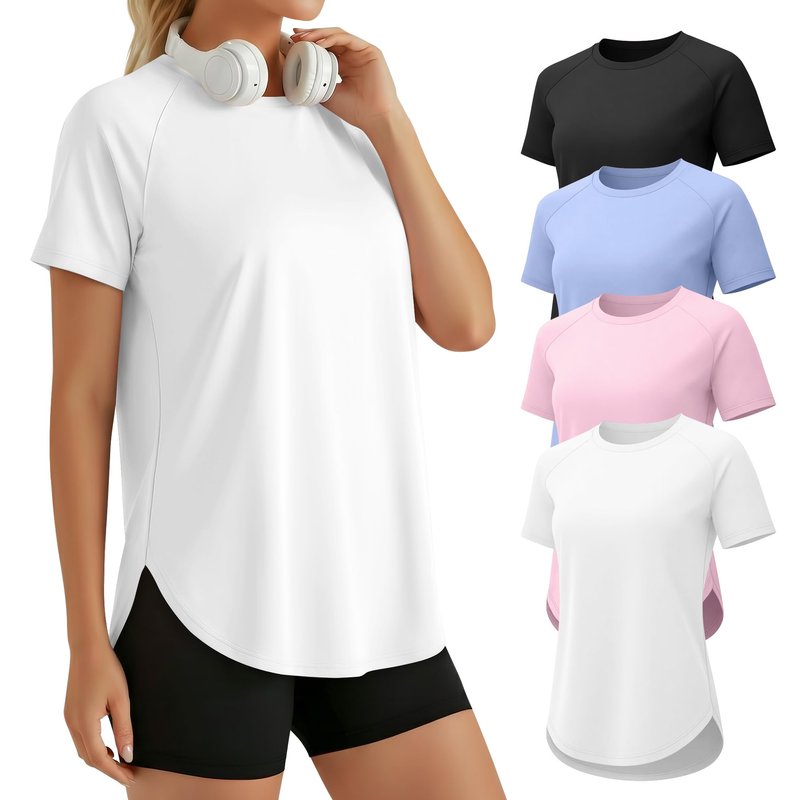 JoyMotion 4 Pack Women's Workout Shirts Quick Dry Athletic Tops Short Sleeve Loose Gym Yoga Running Tee Curved Hem Side Split(X-Large,Black, Sky Blue, Light Pink, White)