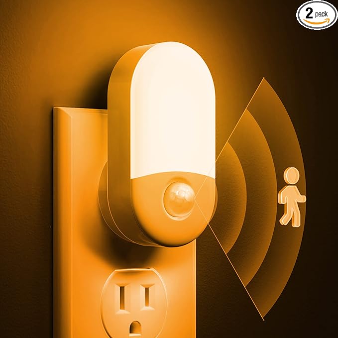 Amber Night Light, 2 Pack, LOHAS Amber Night Lights Plug into Wall Motion Sensor, 0.6W 2000K, LED Night Light, 30/60LM Adjustable Brightness, Automatic Low Blue Night Light for Kids, Bathroom, Hallway