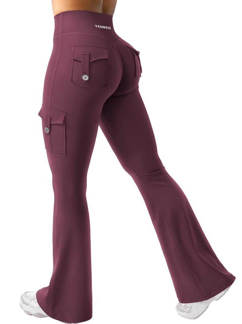 YEOREO CoreFlex Women Workout Flare Leggings with Pockets Hidden Scrunch Cargo Gym Yoga No Front Seam Leggings Black Cherry L