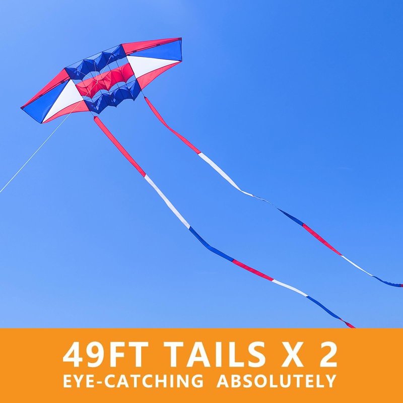 Beach Kites for Adults Large with Long Tail, 98 inches Super Easy Flyer 3D Rainbow Box Kites, Come with 49 Feet Multi Colors Tails x 2, 300 ft Kite String & Handle (Red, White & Blue)