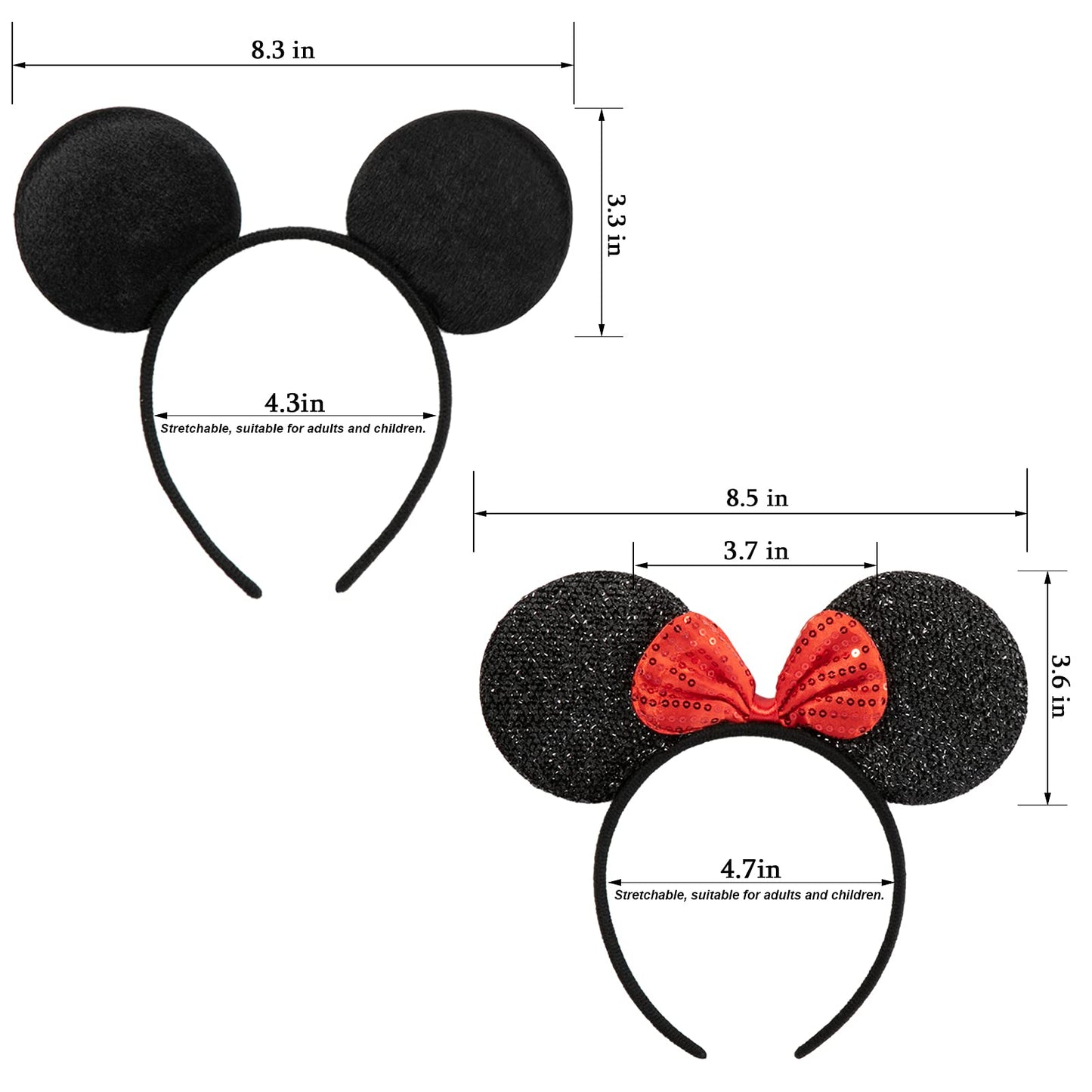 CHuangQi Mouse Ears Headband for Boys and Girls Birthday Party or Celebrations, Solid Black and Red Bow, 12pcs