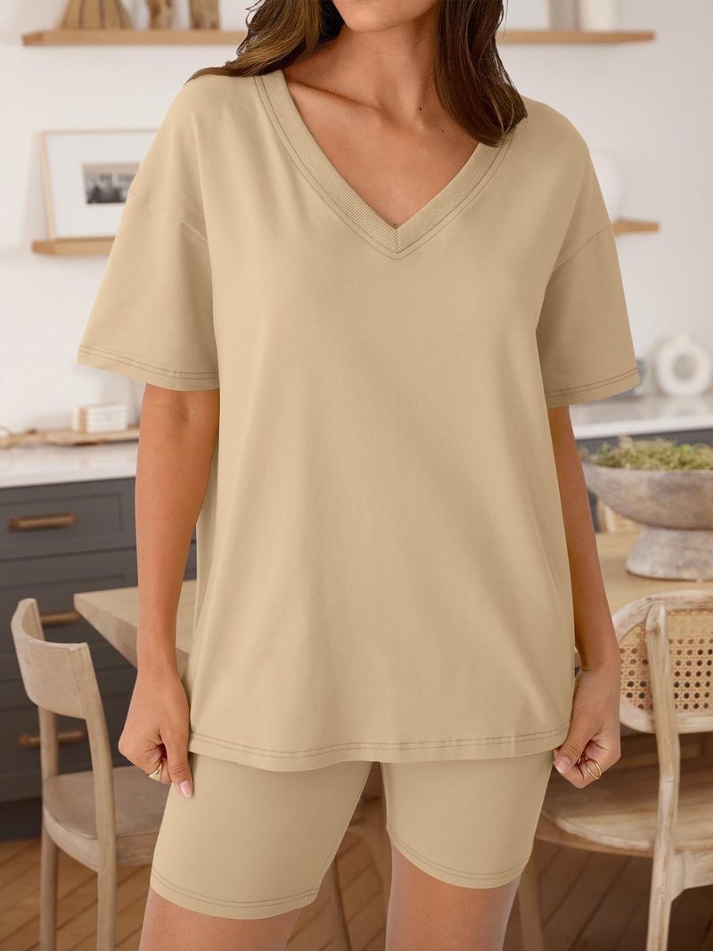 Trendy Queen Womens Two Piece Lounge Sets Spring Outfits 2026 Summer Fashion Vacation Tops Shorts Matching Tracksuits Khaki L