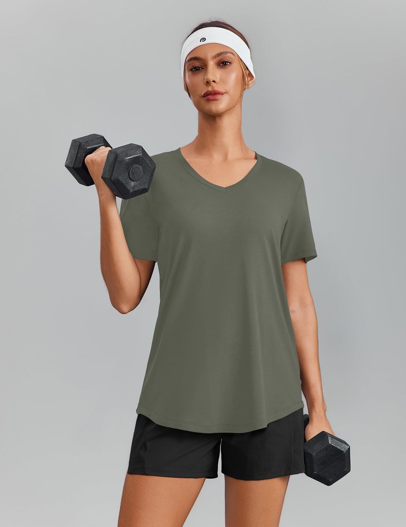 PINSPARK Breathable T-Shirts for Women Short Sleeve V Neck Moisture Wicking Workout Tops Quick Dry Lightweight Athletic Gym Shirts,Olive Green Medium