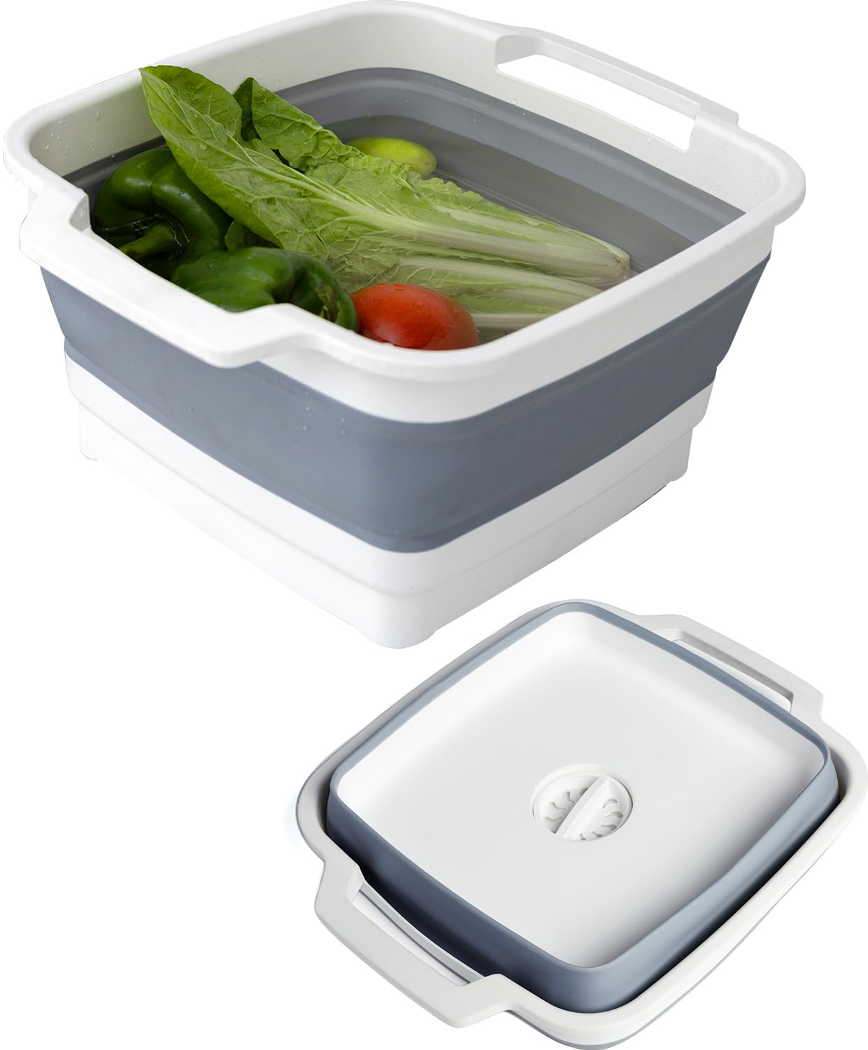 Collapsible Wash Basin with Drain Plug 9L (2.4Gal), Dishpan for Washing Dishes Basin,Collapsible Dish Tub Portable Sink for Kitchen Sink, Camping RV Washing Tub(Gray)