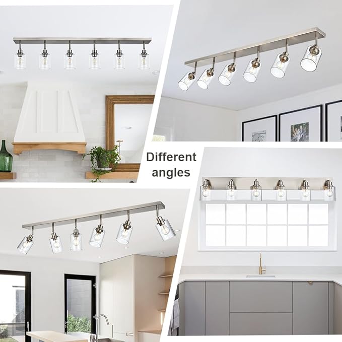 6 Light VINLUZ Bathroom Light Fixtures Classic Vanity Lighting Black Multi-Directional Rotating Metal Ceiling Spotlight with Adjustable Track Heads with Clear Shade
