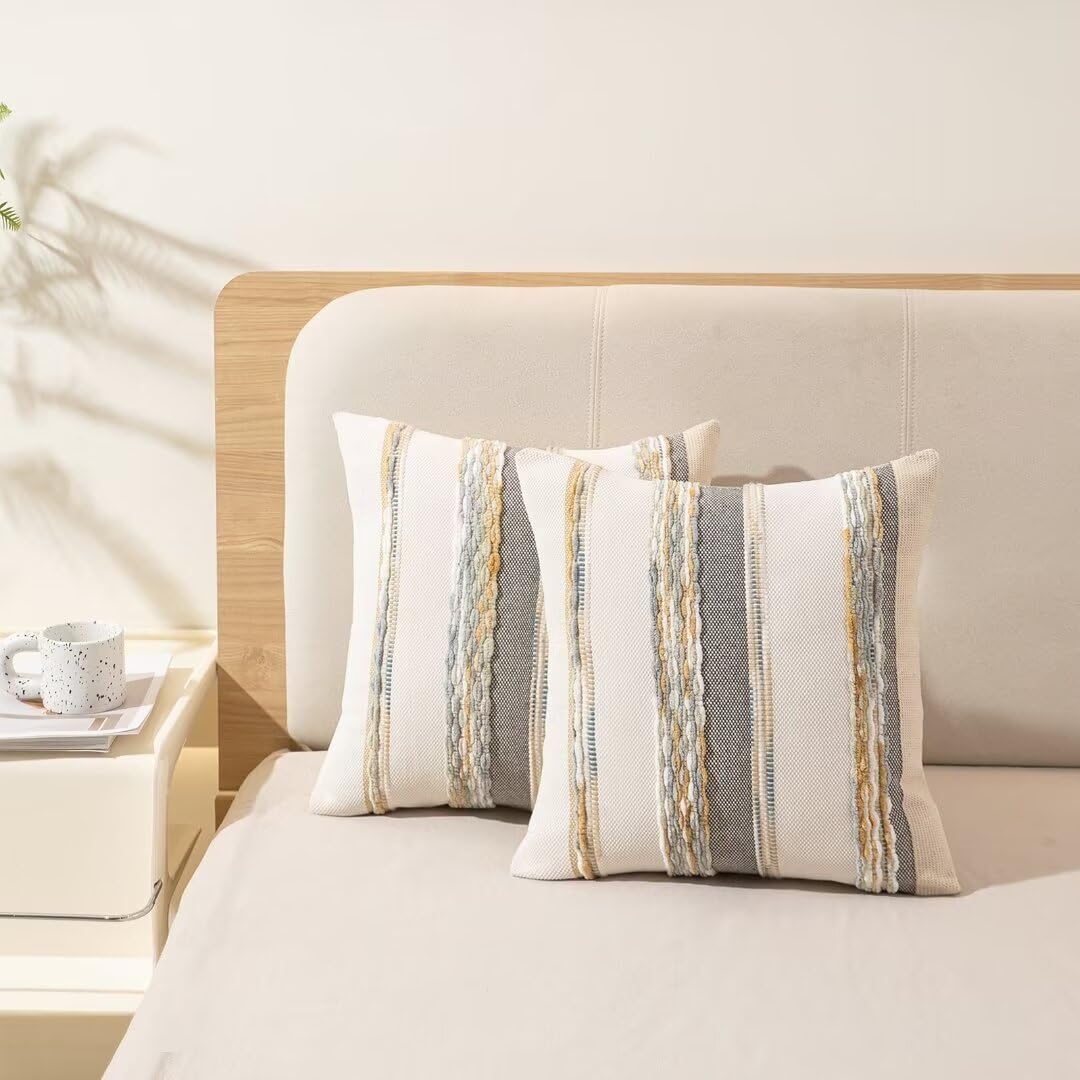 Boho Throw Pillow Covers 18x18 Set of 2 Farmhouse Decorative Cushion Case Striped Square Pillows Cover Chenille Pillow Cases Accent Neutral Pillowcase for Sofa Couch Bed,Sky Blue