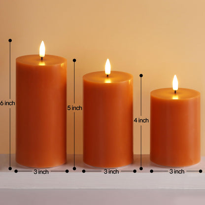 Girimax Burnt Orange Flameless Pillar Candles with Remote, Christmas LED Wax Candles Holiday Table Centerpieces Set of 3