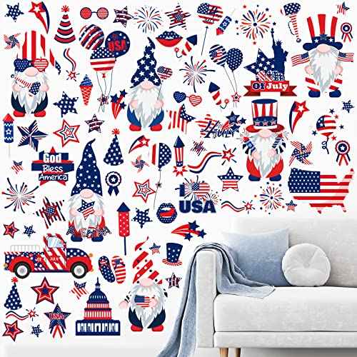 Patelai 6 Sheets 4th of July Decoration Patriotic Wall Stickers Independence Day Wall Decals American Flag Star Red White Blue Clings Memorial Day Window Clings for Patriotic Party Favors Decor(Gnome)