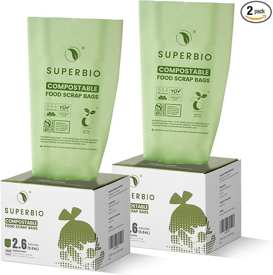 SUPERBIO 2.6 Gallon Flat Top Compostable Food Waste Bags, 2 Pack, Food Scrap