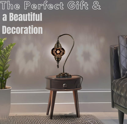 DEMMEX Turkish Moroccan Mosaic Table Lamp – Handcrafted Tiffany-Style Colorful Glass Swan Neck Bedside, Desk, Table Light, Boho Artisan Accent Lighting for Bedroom or Living Room – 15" H, Black White