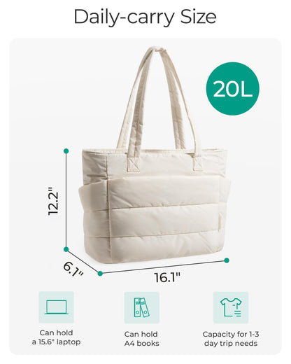 BAGSMART Tote Bag for Women, Lightweight Puffy Tote Bag with Compartments Shoulder Bag Handbag Quilted Shoulder Bag Handbag for Travel, Work, Beach, Gym, Shop(Beige)