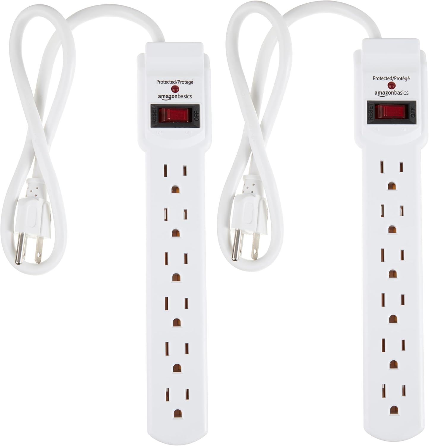 Amazon Basics Rectangle 6-Outlet, 600 Joule Surge Protector Power Strip, 2ft, Small, White, 2-Pack