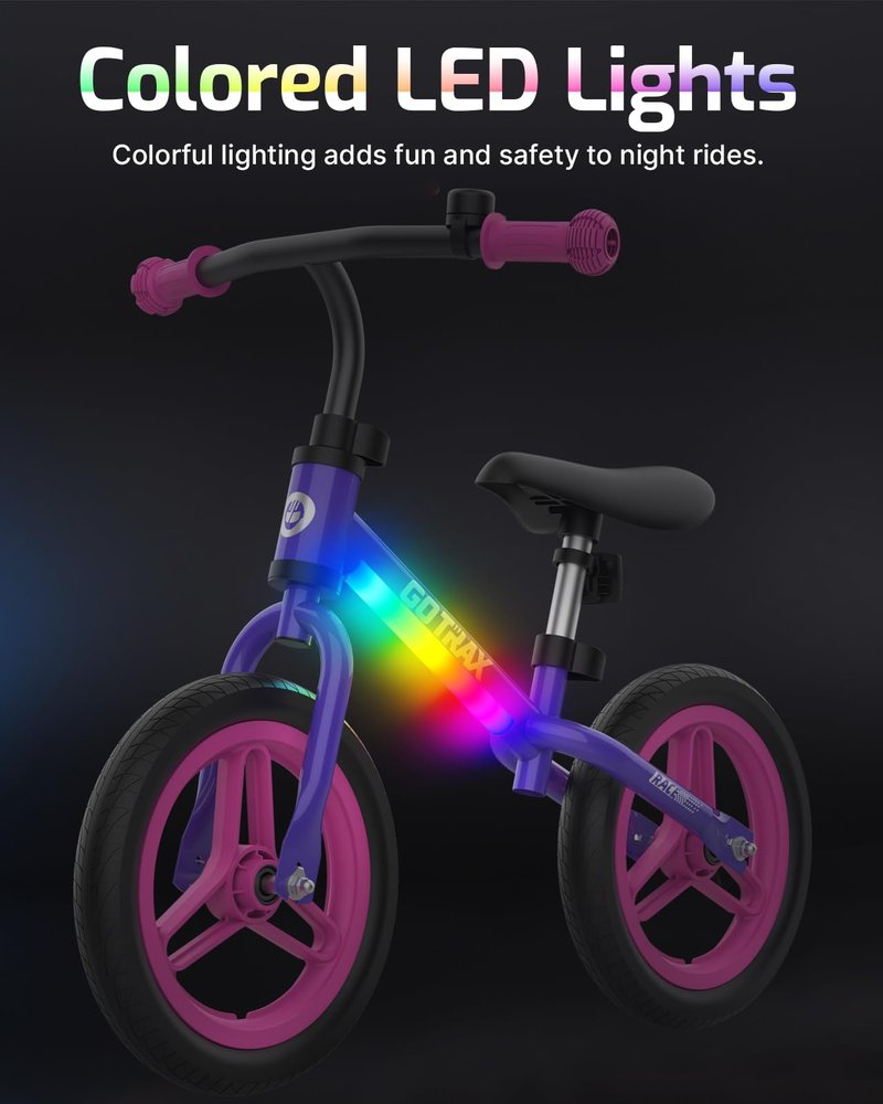 Gotrax KS12 Balance Bike, 12" Toddlers Push Bike with LED Light, Adjustable Seat & Handlebar, Flat-Free Tires & Easy Assembly Kids Bicycle, Lightweight & No Pedal, Gift for Boys Girls, Purple