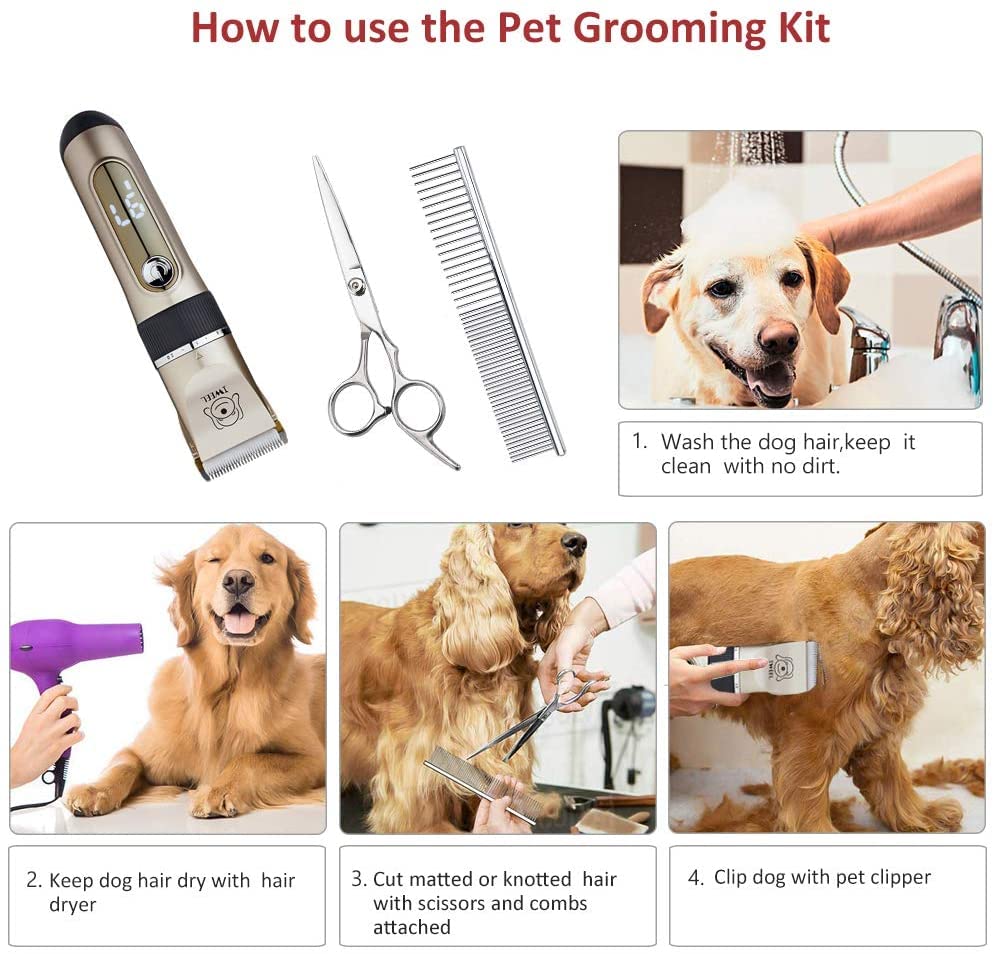 IWEEL Dog Clippers, 2-Speed Professional Rechargeable Cordless Cat Shaver and Low Noise Water Proof Electric Dog Trimmer Pet Grooming Kit Animal Hair Clippers Tool with Scissors Combs