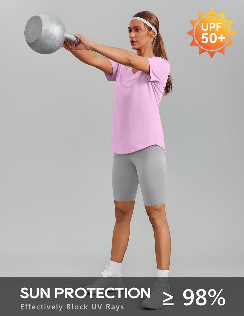 PINSPARK UPF 50 Sun Protection Shirts for Women Short Sleeve V Neck Hiking Tops Moisture Wicking UV Outdoor T-Shirts Quick Dry,Light Pink XX-Large